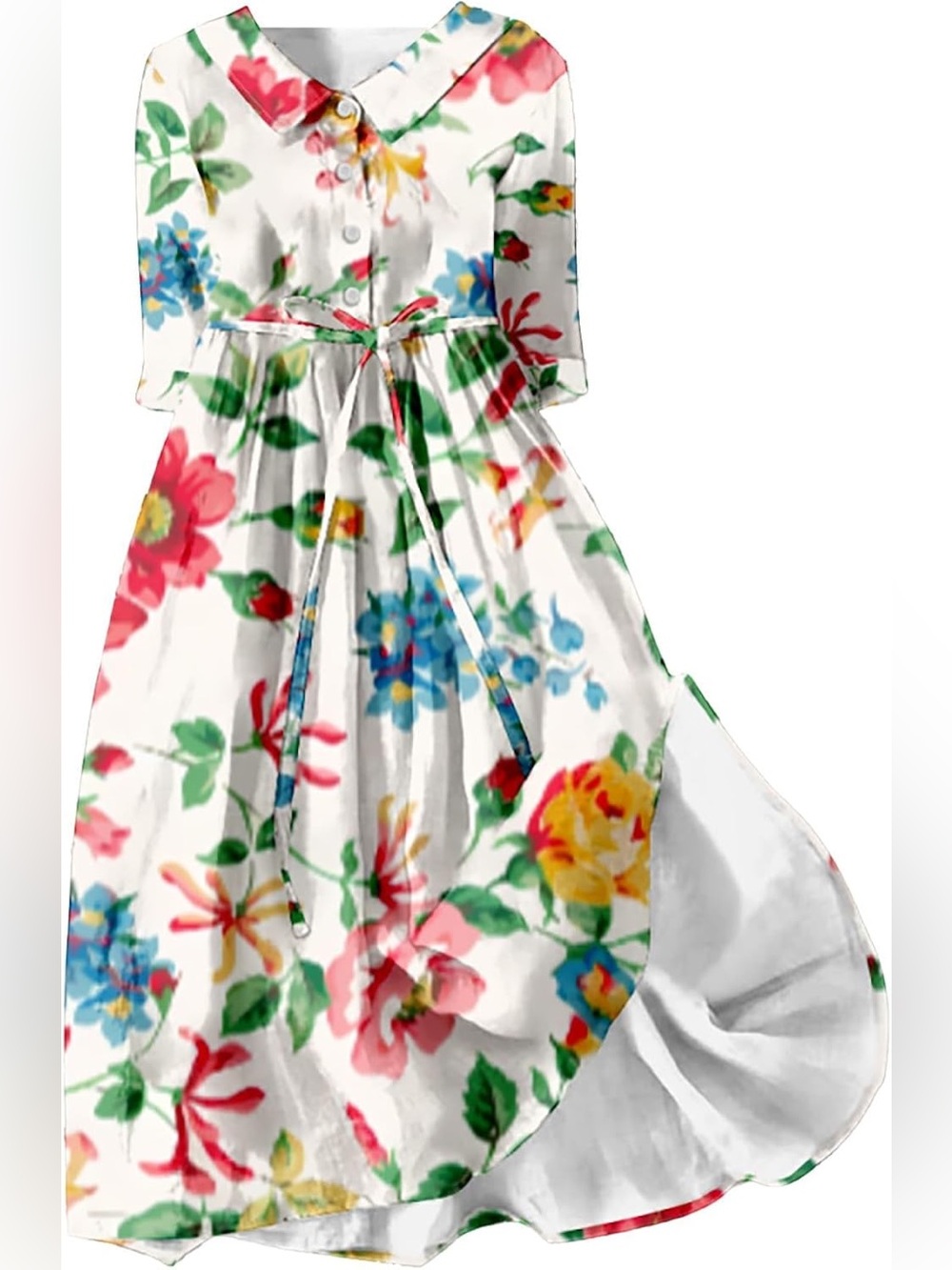 Floral Tie-Waist Maxi Dress in White with Multicolor Print